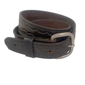 Vtg Western Hand Tooled Leather Belt Men's 44 Dark Silver Buckle